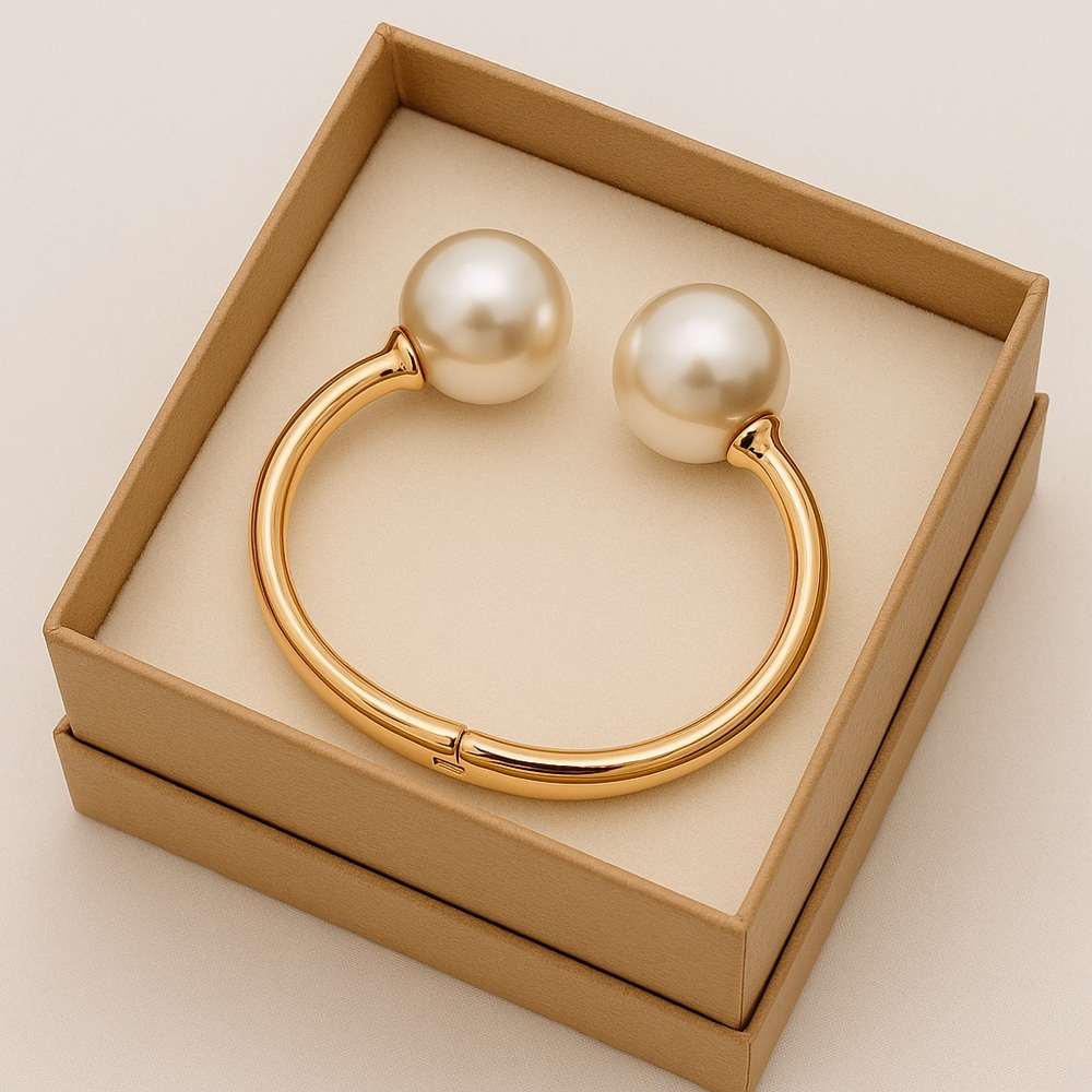 Elegant Bold Pearl Statement Cuff Open Gold Bangle Bracelet w/ Luxe Dual Pearls - Picture 3 of 6